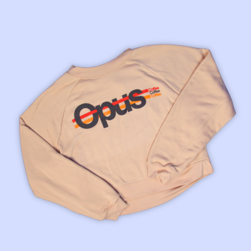 Dark beige colored Opus Coffee sweatshirt with retro Opus logo on it.