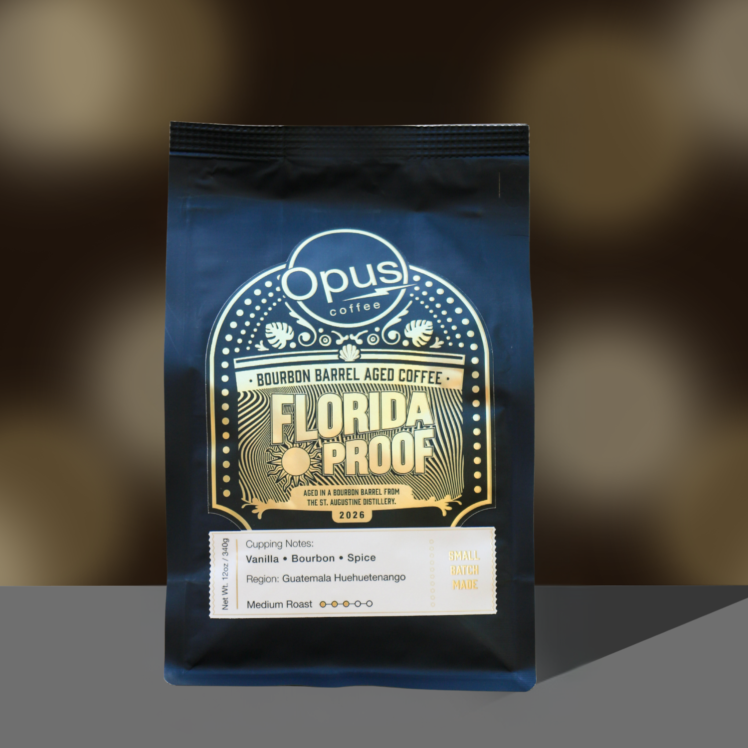 Florida Proof Bourbon Coffee 2026 with gold and black background.