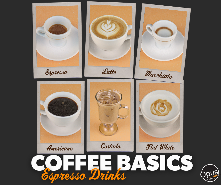 Pictures of different types of espresso drinks. Title says, "Coffee Basics: Espresso Drinks"
