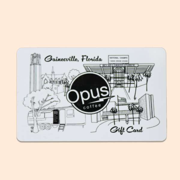 Gainesville, Florida landmarks in a line drawing style on an Opus Coffee gift card. Pictured on a beige background.