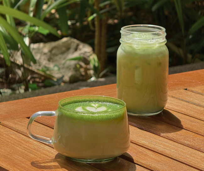 hot and iced green matcha lattes on a wood table with greenery in the background.