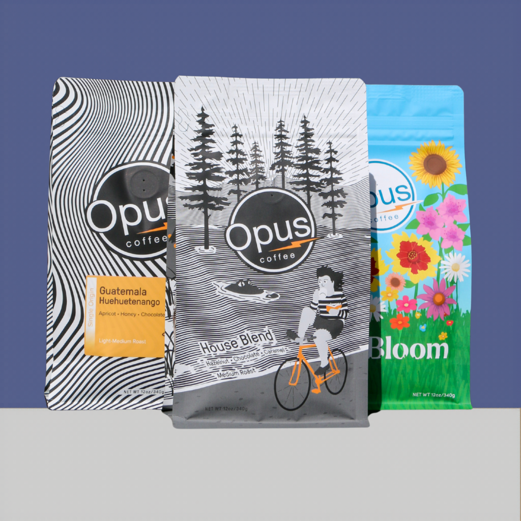 A selection of three bags for a roaster's choice subscription.