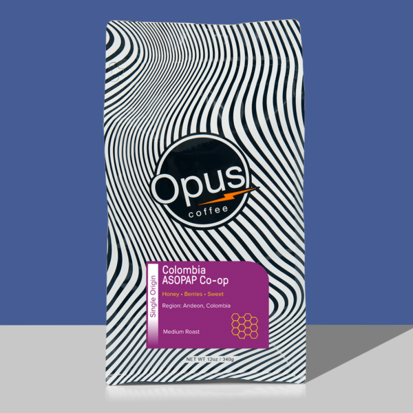 Colombia, ASOPAP coffee in an Opus Coffee white and black retail bag with a purple label.