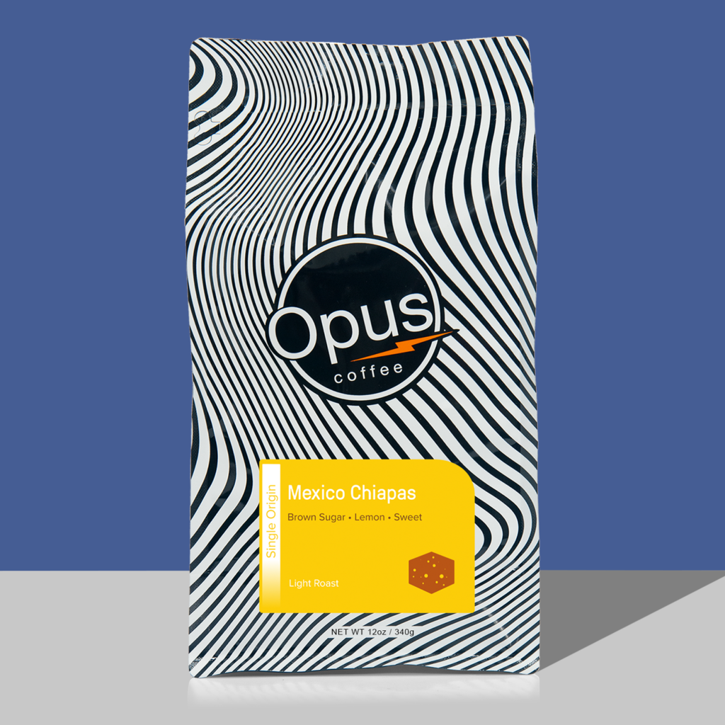Opus Coffee Mexico Chiapas light roast coffee black and white wavy bag with yellow label.