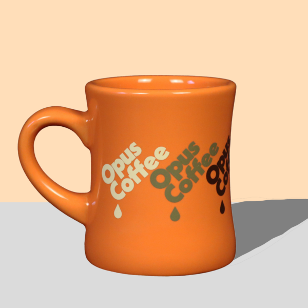 Orange diner mug with Opus Coffee drip logo wrapped around.