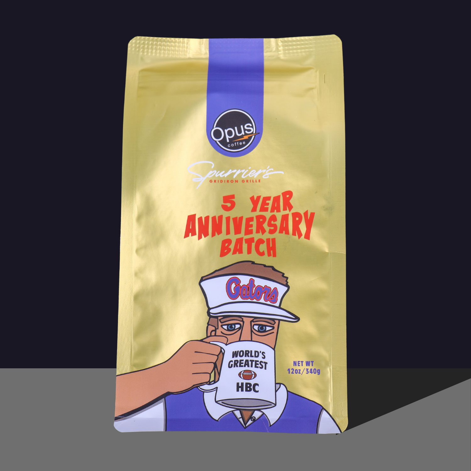 5th anniversary spurrier's coffee on dark background.