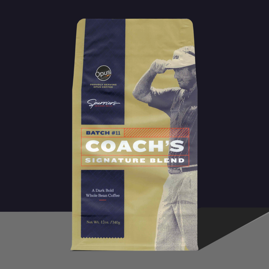Opus Coffee Coach's signature blend. Gold bag with a picture of steve spurrier on it.